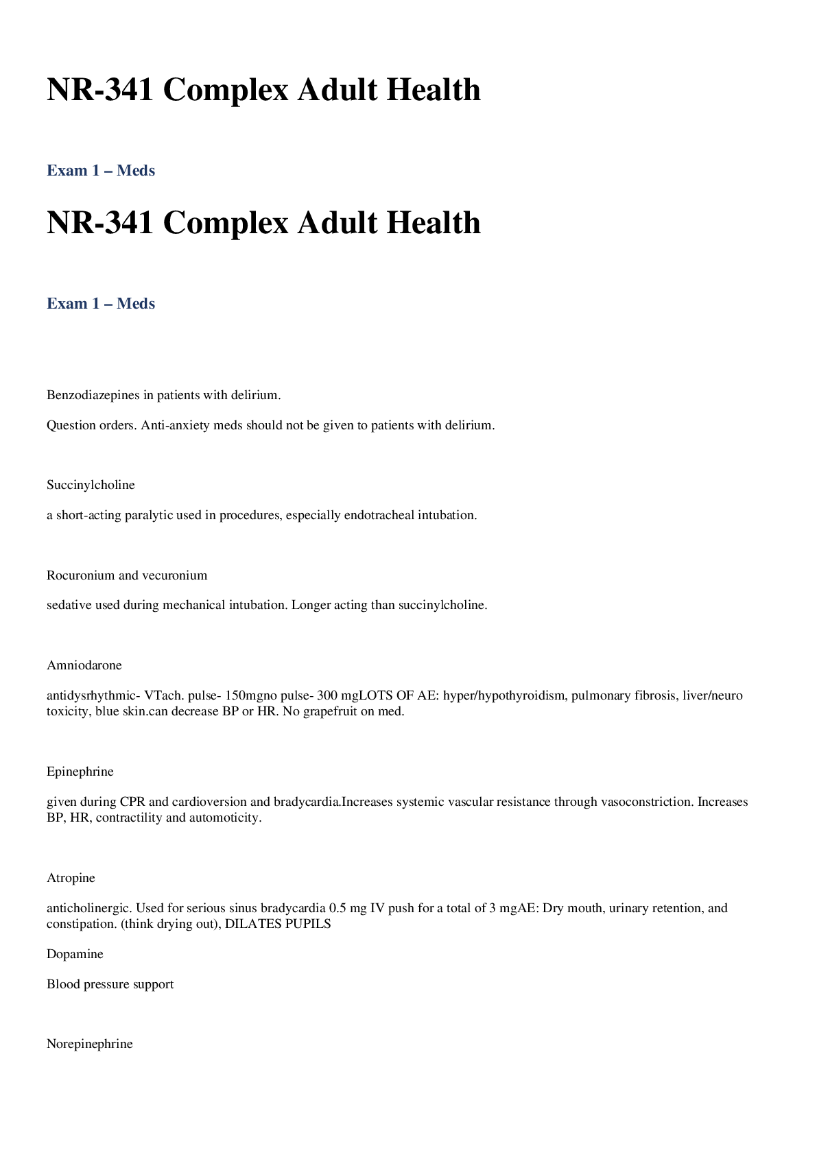Preview of NR341 / NR 341: Complex Adult Health Exam 1 (Meds) Chamberlain College Of Nursing (2020 /2